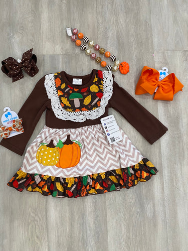 Girls Brown Leaf Pumpkin Dress